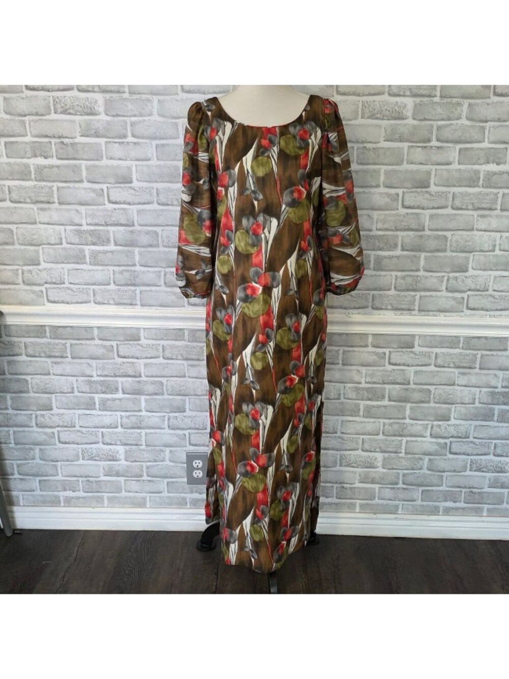 Vintage Hawaiian Kyomi Floral Maxi Dress Boho 80s 90s Tropical Earth Tone